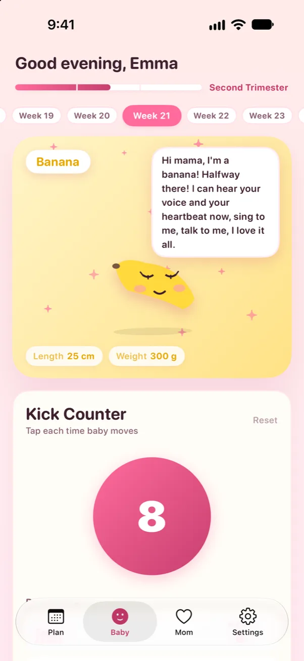 Prego Baby tab: at week 21 the baby is the size of a banana, 25 cm and 300 g, with 8 kicks counted today