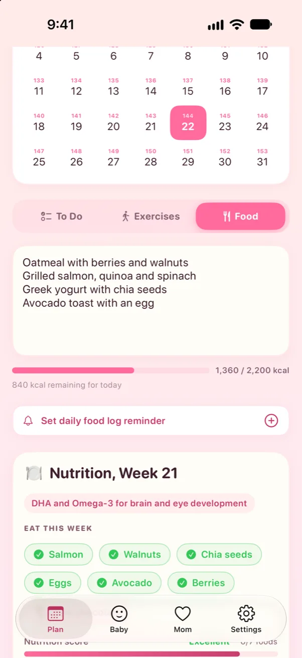 Prego food log: 1,360 of 2,200 kcal today, with the week 21 nutrition guide