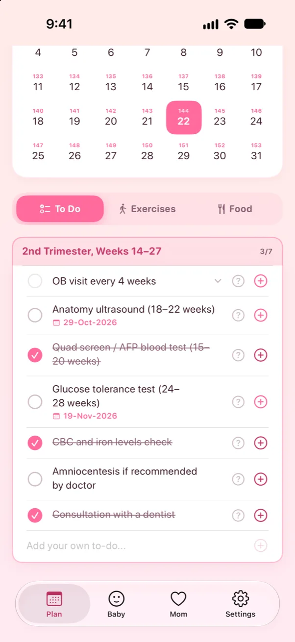 Prego second trimester to-do list: 3 of 7 done, with the anatomy ultrasound and glucose test booked