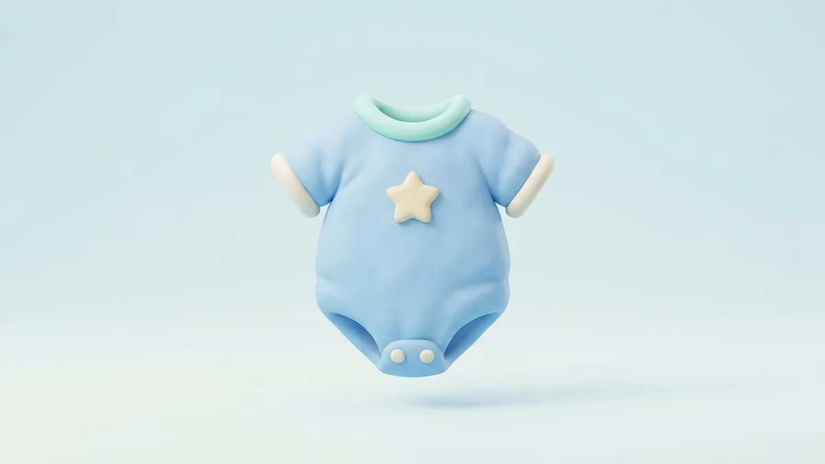 A 3D clay blue baby onesie with a small star on a soft blue background