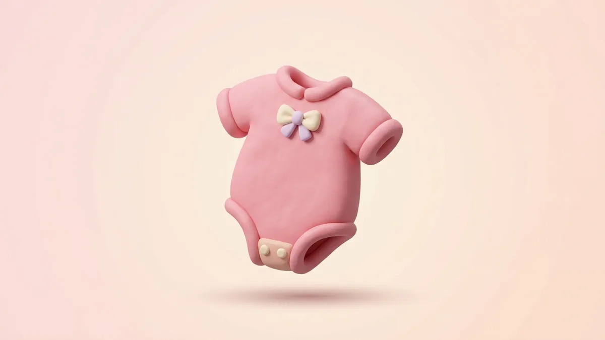A 3D clay pink baby onesie with a small bow on a soft pink background
