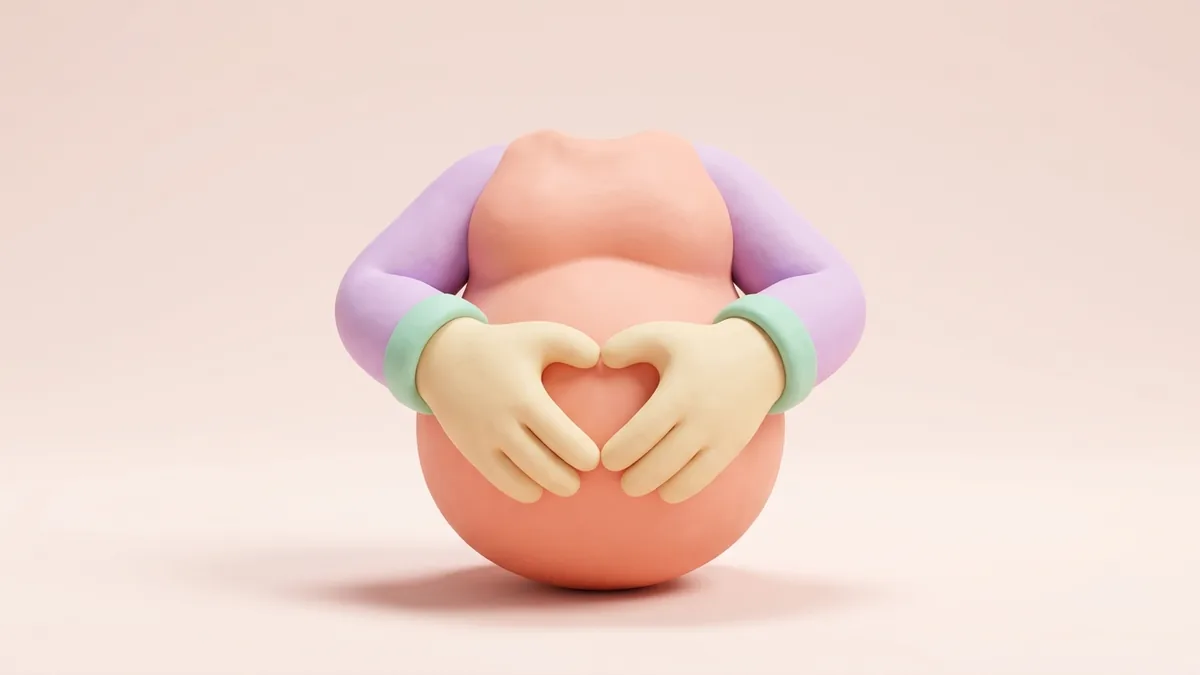 A 3D clay pregnant belly with two hands making a heart on a soft pink background