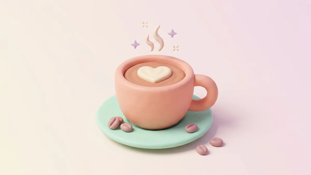 A 3D clay coffee cup with a heart on the foam on a soft cream background