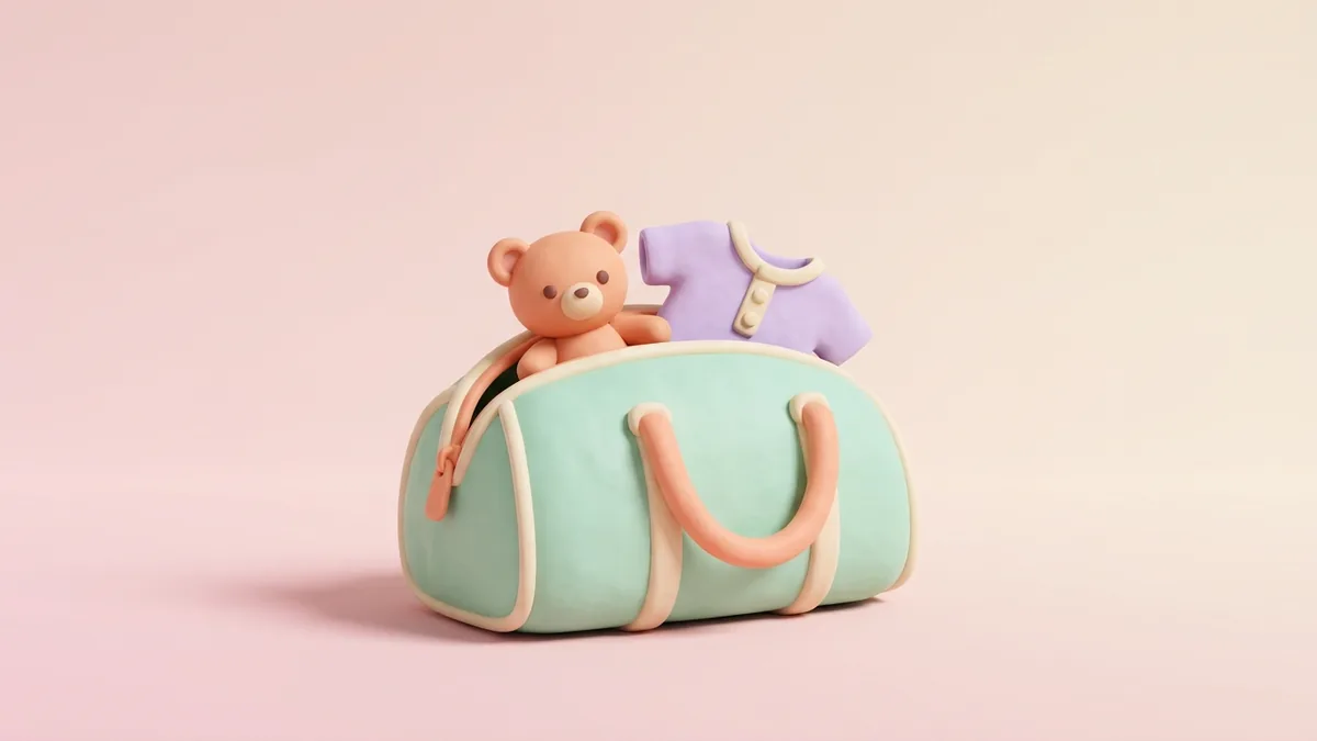 A 3D clay overnight bag with a teddy bear and baby onesie on a soft pink background