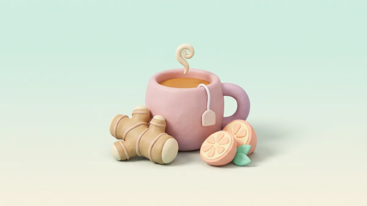 A 3D clay cup of ginger tea with lemon slices on a soft mint background