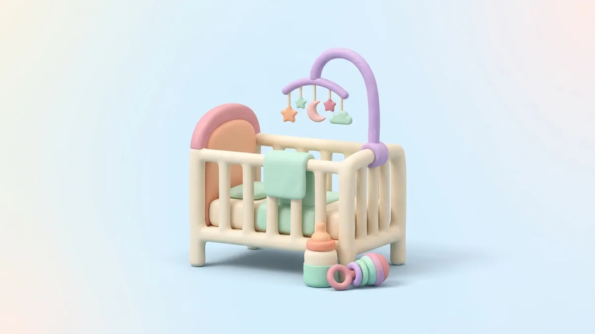 A 3D clay crib with a mobile, a baby bottle and a rattle on a soft blue background