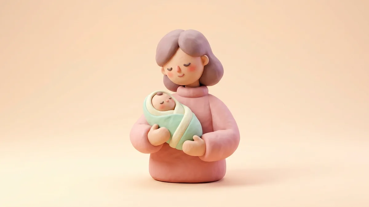 A 3D clay mother holding her newborn baby on a soft peach background
