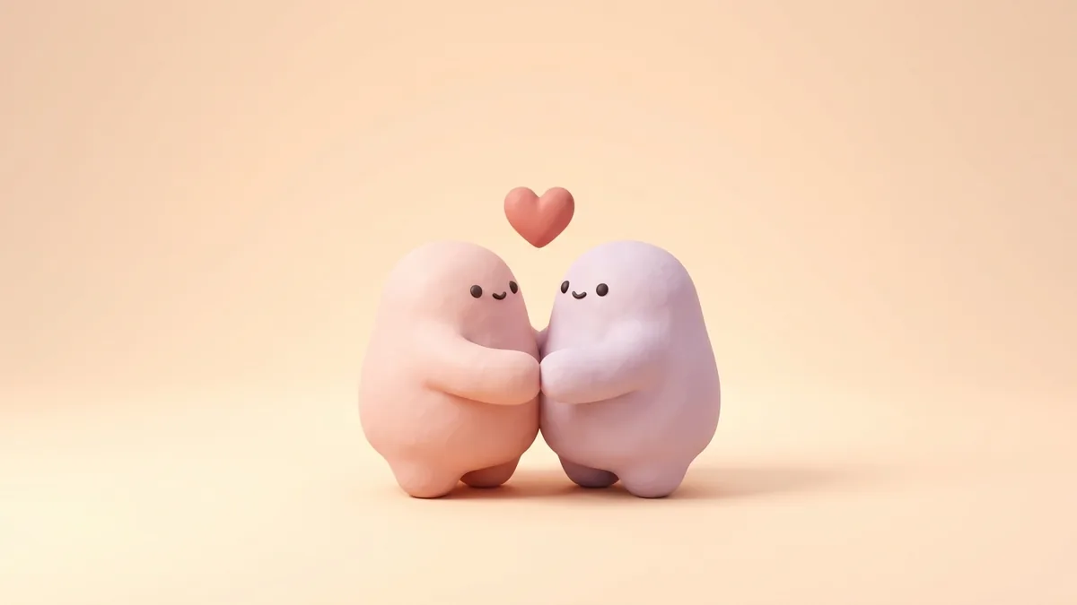 A 3D clay couple holding hands with a small heart above them on a soft peach background