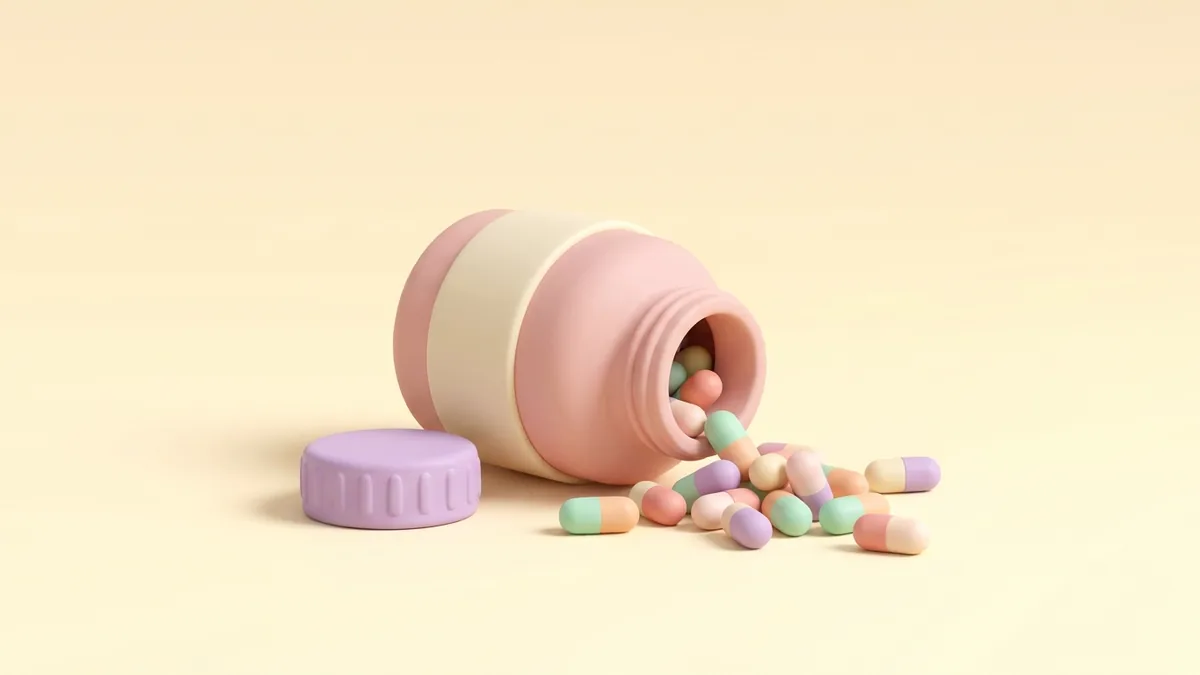 A 3D clay vitamin bottle with pastel capsules on a soft yellow background