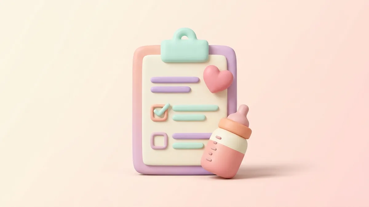 A 3D clay checklist clipboard with a pink heart and a baby bottle on a soft cream background